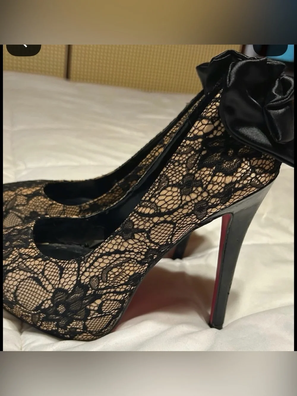 Shoe Dazzle Blanka Black Lace-Pump with Satin Rosette + signature pink bottom